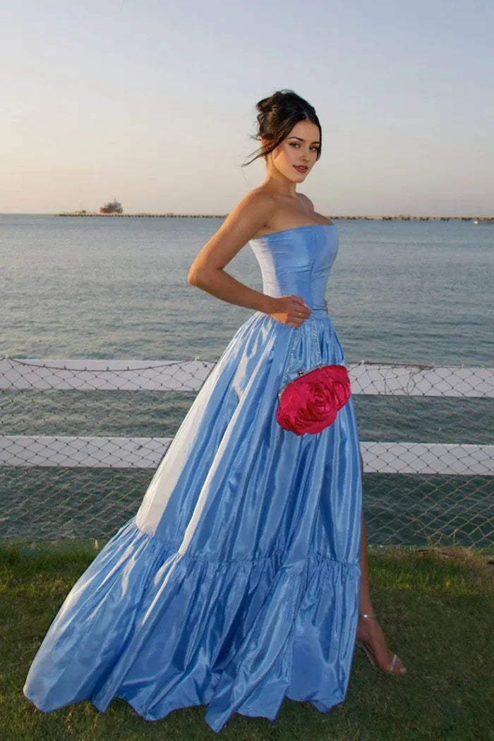Robe Weitese charmante robe trapèze bustier en satin bleu, robe de bal fendue sur le devant